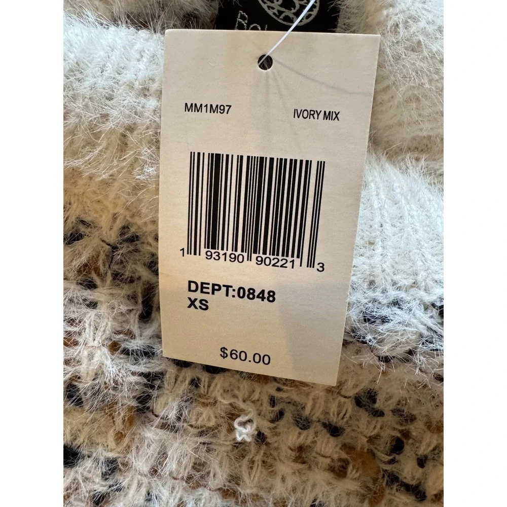 Bobeau Sweater Women XS Ivory Black Tweed‎ Knit Side Zip Crew Neck Pullover NWT